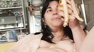 Milf eating banana and looking for my hole under my wet panties