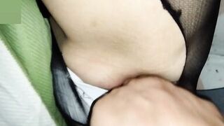 Ripped tights, pussy play and fucking with panties on