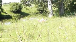 Milf sexy woman sunbathing naked on river bank. Random guy is watching. Naked in public. Public. Publicly. Wild beach Nudist. Perfect ass. Pussy. Blonde. Doggystyle. Woman got into doggy style position. Outdoor. Outside. Outdoors. Nudists. Naturist. POV