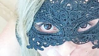 POV. My blonde neighbor is sucking my cock in sexy lingerie. I cum on her face and tongue. Blowjob, spitting, saliva and moaning