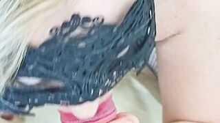 POV. My blonde neighbor is sucking my cock in sexy lingerie. I cum on her face and tongue. Blowjob, spitting, saliva and moaning