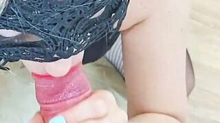 POV. My blonde neighbor is sucking my cock in sexy lingerie. I cum on her face and tongue. Blowjob, spitting, saliva and moaning