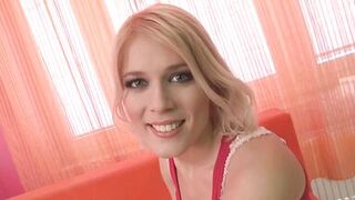 Blonde milf with small tits gets cum in mouth at casting