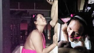 MILF giving a blowjob on the balcony, cum in the mouth and she swallow all the semen from the stranger. (POV & Viewer Cam)