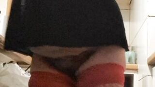 Wife in kitchen teasing husband to have sex while he watches