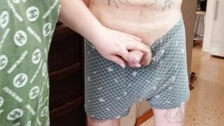 Stepmom gives a deep blowjob jerks off a dick to a cumshot