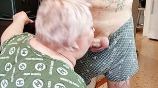 Stepmom gives a deep blowjob jerks off a dick to a cumshot