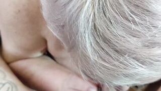 mother-in-law gives a deep blowjob and gets a portion of hot sperm in her throat