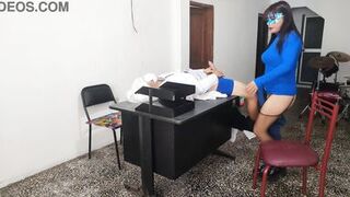 THE DOCTOR HAS SEX WITH HIS SECRETARY IN THE CUSTOMER SERVICE OFFICE. SHE RIDES HIM VERY SENSUALLY ON THE DESK AT WORK - 10 image