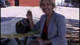 Salacious blond cougar likes to polish the knob while other dude is dancing chocolate cha-cha with her