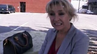 Salacious blond cougar likes to polish the knob while other dude is dancing chocolate cha-cha with her