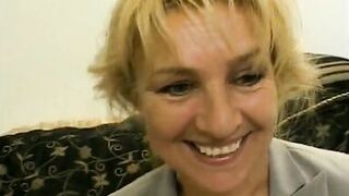 Salacious blond cougar likes to polish the knob while other dude is dancing chocolate cha-cha with her