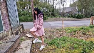 Nicky Brill no panties and see through dress in public and peeing