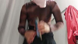 Amateur wife trying on clothes. hairy pussy, sexy brunette, big ass, sexy clothes, panties, socks, shorts, pantyhose