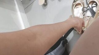 Sexy brunette tries on clothes in fitting room. I'm looking at a hairy mom, hairy pussy, big tits, big ass. - 6 image