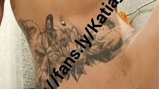 Katia Star blonde tattooed skinny fit fake tits bimbo come watch me oil up my big tits ride a dildo and cum all over it