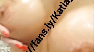 Katia Star blonde tattooed skinny fit fake tits bimbo come watch me oil up my big tits ride a dildo and cum all over it