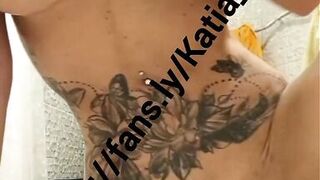 Katia Star blonde tattooed skinny fit fake tits bimbo come watch me oil up my big tits ride a dildo and cum all over it