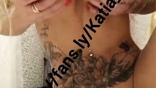 Katia Star blonde tattooed skinny fit fake tits bimbo come watch me oil up my big tits ride a dildo and cum all over it