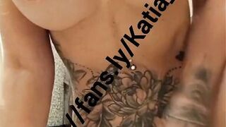 Katia Star blonde tattooed skinny fit fake tits bimbo come watch me oil up my big tits ride a dildo and cum all over it