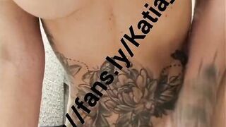 Katia Star blonde tattooed skinny fit fake tits bimbo come watch me oil up my big tits ride a dildo and cum all over it