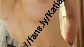 Katia Star blonde tattooed skinny fit fake tits bimbo come watch me oil up my big tits ride a dildo and cum all over it