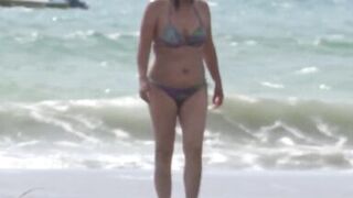 On the beach, mutual masturbation with stepmother, big cumshot on her hairy pussy