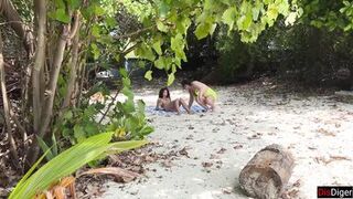 Public Pickup Stepmom and Stepdaughter on Beach - Risky Dick Flashing Cum on Face