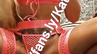 Katia Star skinny fit blonde fake tits bimbo in sexy pink outfit plays with her pussy and cums all over this dildo - 12 image