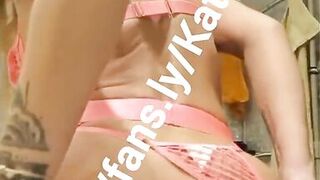 Katia Star skinny fit blonde fake tits bimbo in sexy pink outfit plays with her pussy and cums all over this dildo