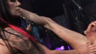 Mistress pours hot wax on sex slave hunk before she sucks him