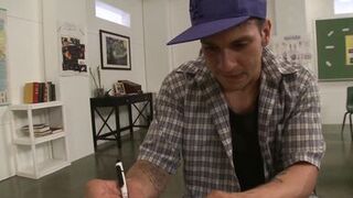 Blonde with huge bombs is ready to fuck and suck a cock in the classroom - 1 image