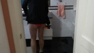 Beautiful stepmother dresses to go fuck, comes back and undresses, still aroused.