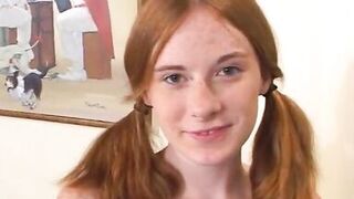 Husband and wife fuck cute redheaded babysitter with small tits on couch