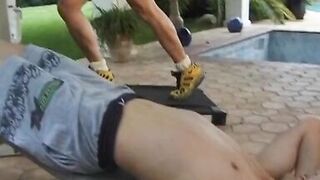 Strong big boobed French blonde MILF assfucked outdoors