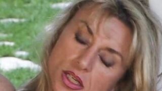 Strong big boobed French blonde MILF assfucked outdoors