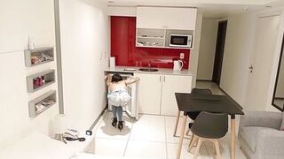 spying on stepmother while she cleans the house, brunette, Latina, big ass, busty.