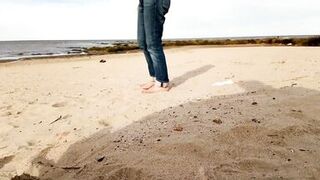 walk on the beach ends with an insertion in the cock, brunette, big ass, busty, big cock, man in underwear