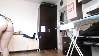 Amateur wife cleans the house naked, hairy pussy, big tits, big ass.