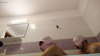 Amateur couple takes a bath, wife with hairy pussy, big ass, big tits.