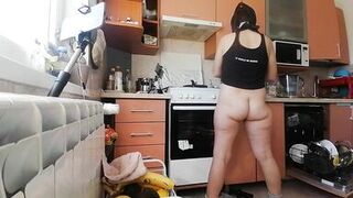 Sexy mom makes breakfast, hairy pussy, big tits. Sexy woman clears out the house, hairy, big ass.