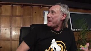 Ben Dover & his long-haired pal share a stunning blonde MILF in the office - MILF group sex frenzy!