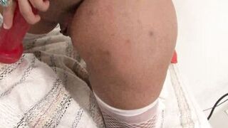 Watch this hot MILF deepthroat and give a sloppy handjob to her man