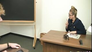 Stacy Starr dominates and punishes classroom jerk with her big natural tits & handjob skills - 1 image