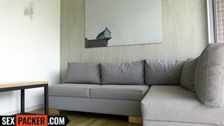 Watch as this tattooed Latina MILF gets dominated on the couch by a big cock and deepthroats it up close and personal - 1 image