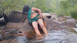 Telugu sexy Silk aunty outdoor waterfall bathing, telugu Dirty talks.