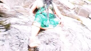 Telugu sexy Silk aunty outdoor waterfall bathing, telugu Dirty talks.