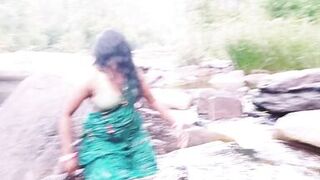 Telugu sexy Silk aunty outdoor waterfall bathing, telugu Dirty talks.
