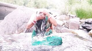 Telugu sexy Silk aunty outdoor waterfall bathing, telugu Dirty talks.