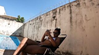 Naughty mom with huge ass taking a shower naked in the backyard (caught by neighbor)